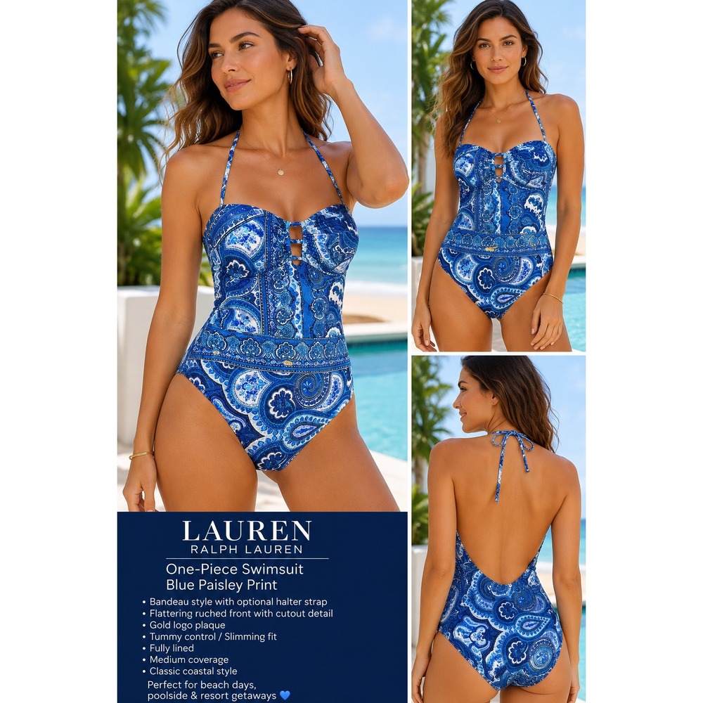 Ralph Lauren Blue Paisley One Piece Swimsuit Bandeau Halter 4 Tummy Control